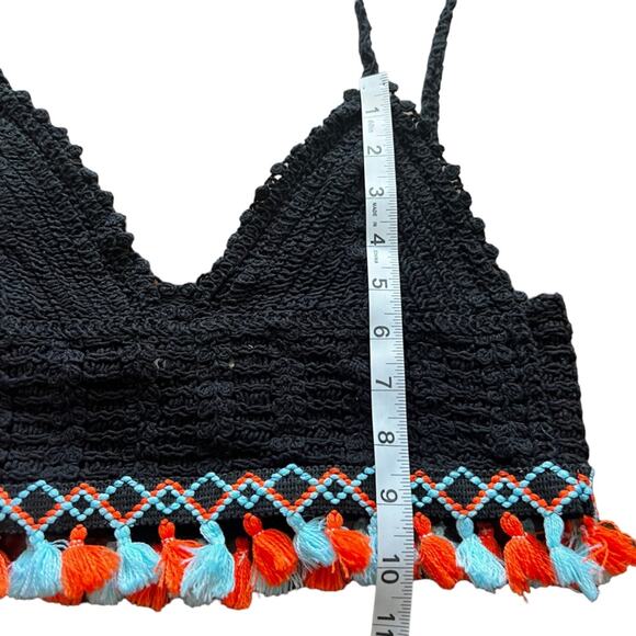 Adora Crocheted Black Tank Top with Pom Pom Fringes Size - Picture 4 of 9